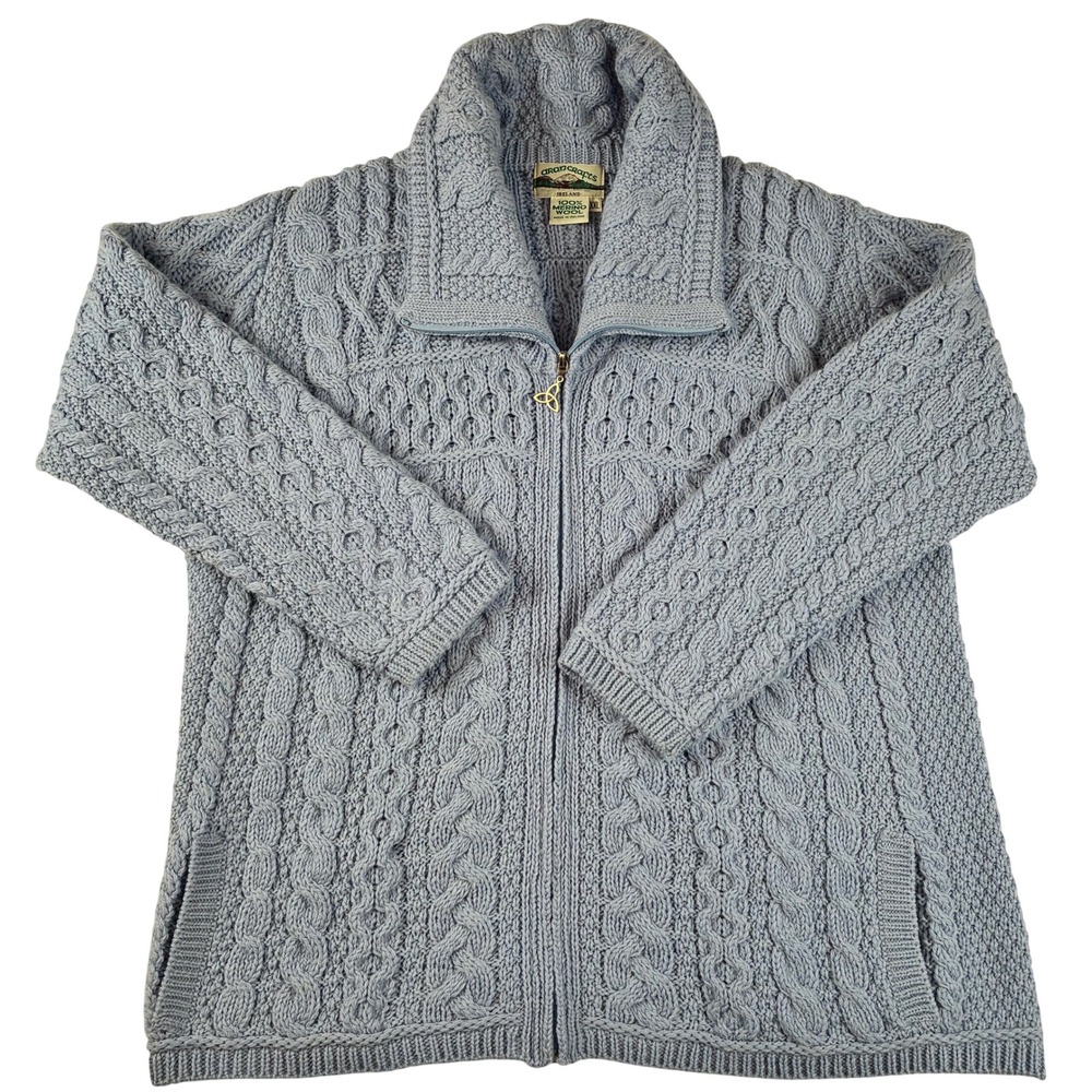 Aran Crafts Cardigan Double Collar‎ Zip Women XXL Light Blue 100% Merino Wool - Picture 2 of 13